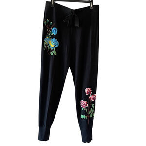JOSIE NATORI Size Medium Black Floral Embroidery Drawstring Waist Jogger Pants